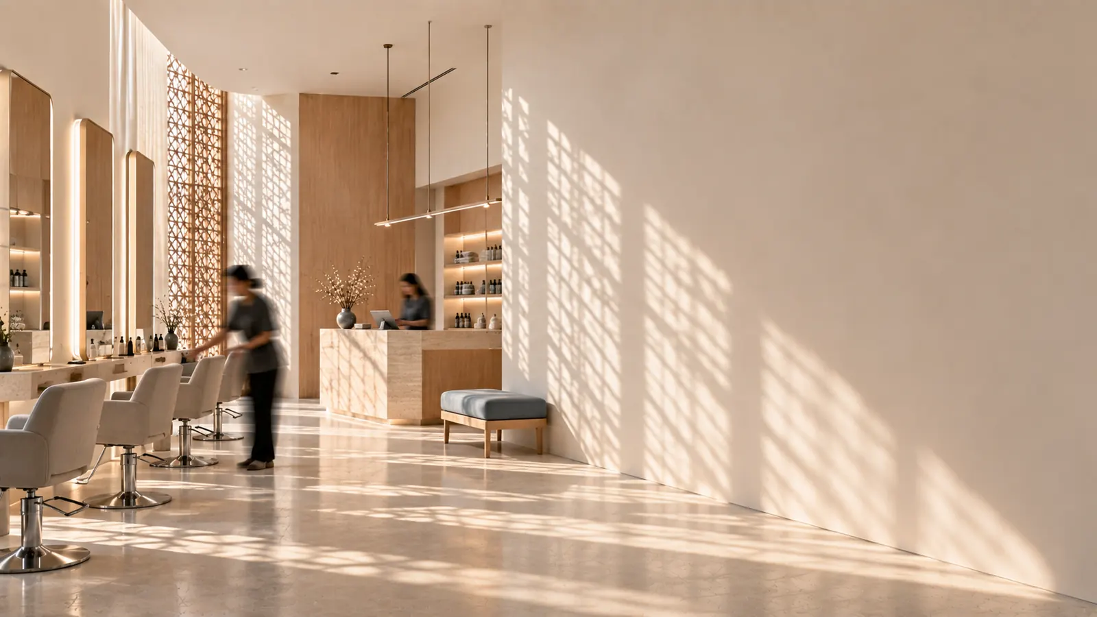 A salon before opening: a staff member setting the chairs while the front desk gets ready, sunlight through a lattice screen.