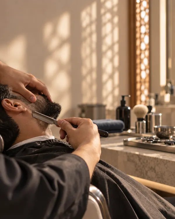 A barber shaping a client's beard line with a straight razor.