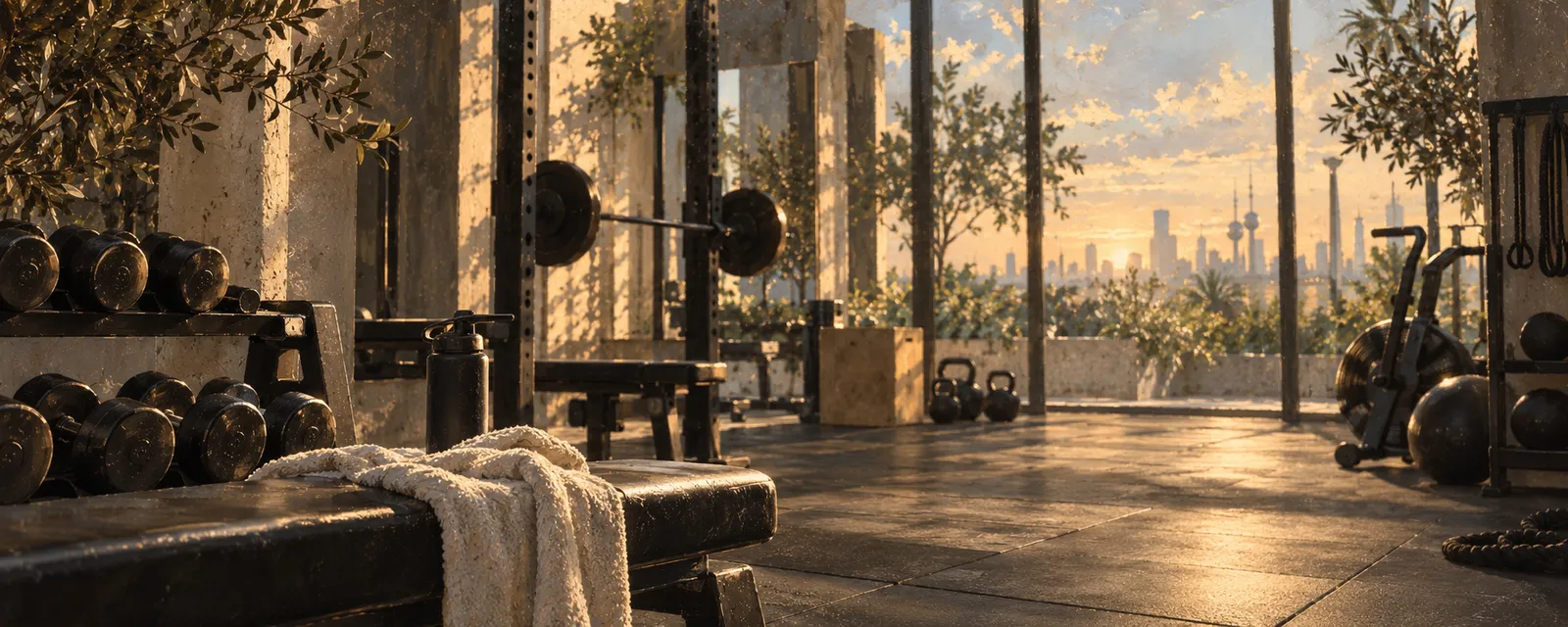 A painted training studio at golden hour: dumbbells, a bench with a towel, and windows over the Kuwait City skyline.