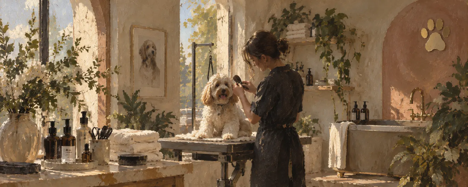A painted grooming salon: a groomer brushing a white dog on a table, with a bath and plants behind.