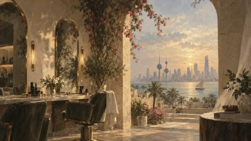 Illustration of a salon overlooking the Kuwait City skyline.