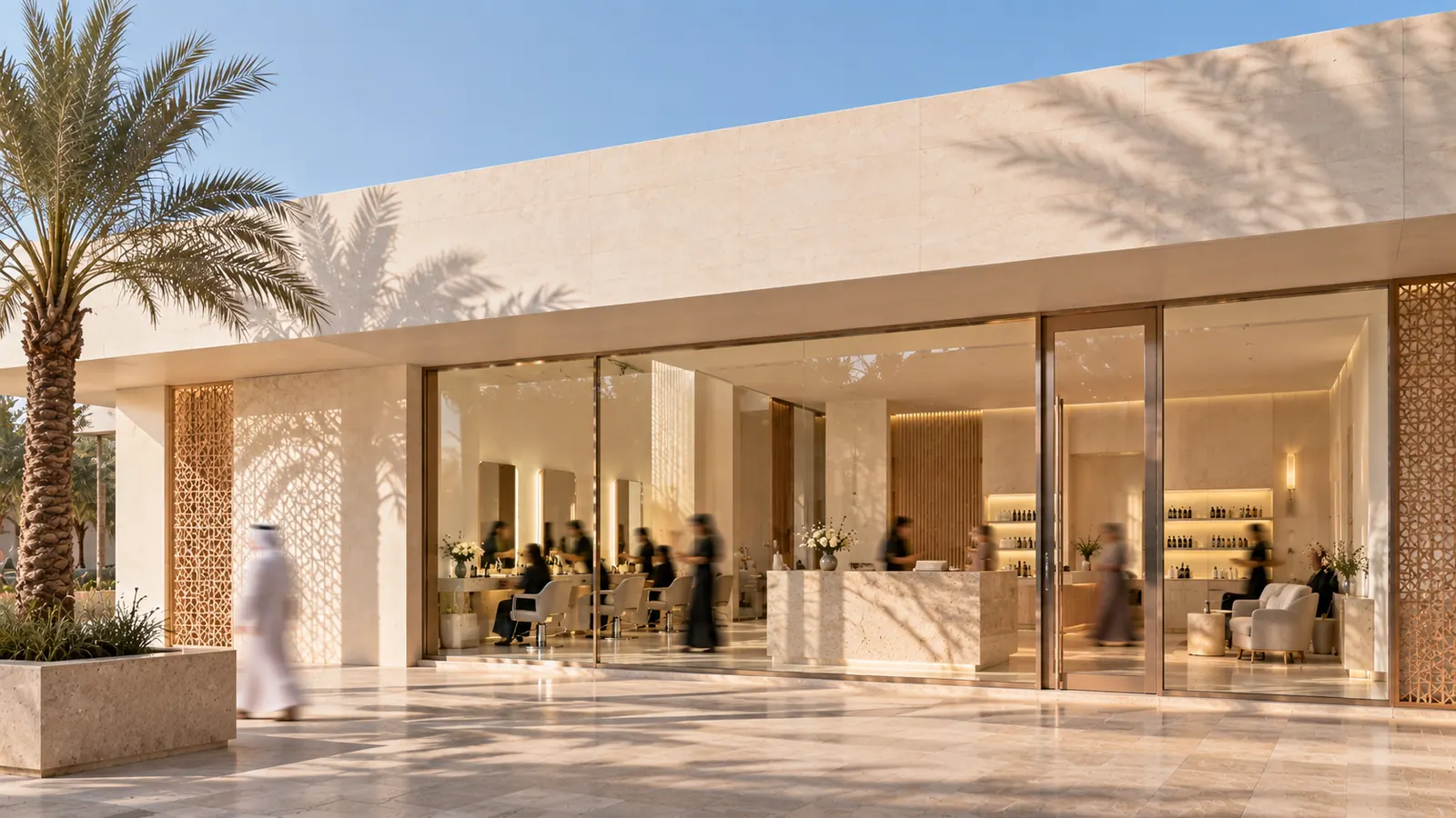 The glass front of a salon on a neighborhood street, a man in a dishdasha walking past a palm tree.