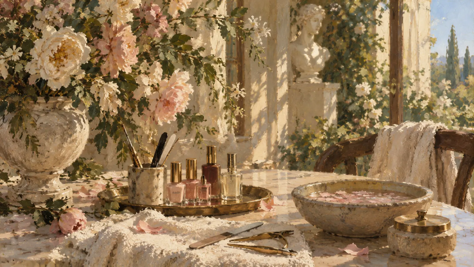 Illustration of a nail studio with a manicure table and polish bottles.