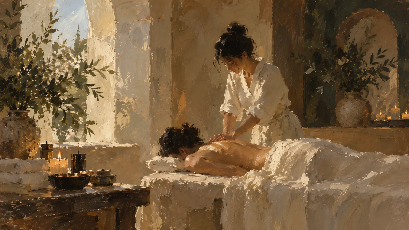 A painted spa room: a therapist in white working at a massage table, candles and olive branches by the window.